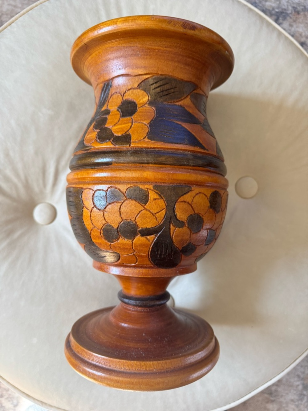 Handcrafted Vintage Brown and Orange Floral Wood vase 12”